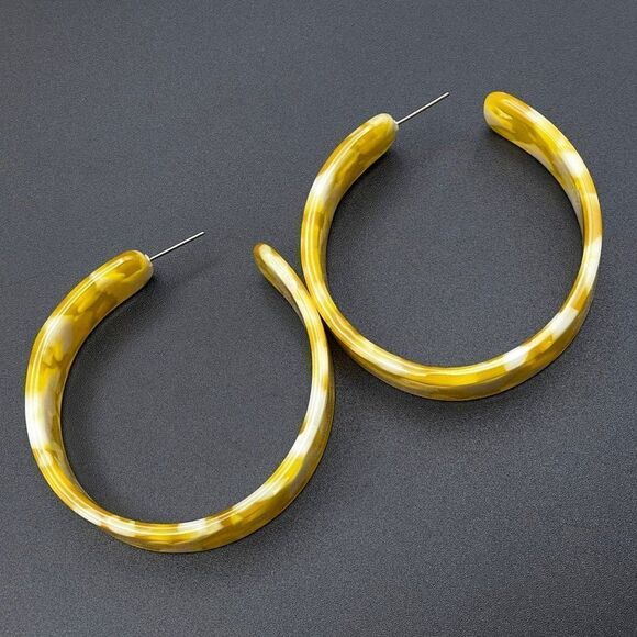 Yellow with Pearly White Swirl Acrylic Chunky Open Hoop Post Back Earrings - Picture 3 of 11